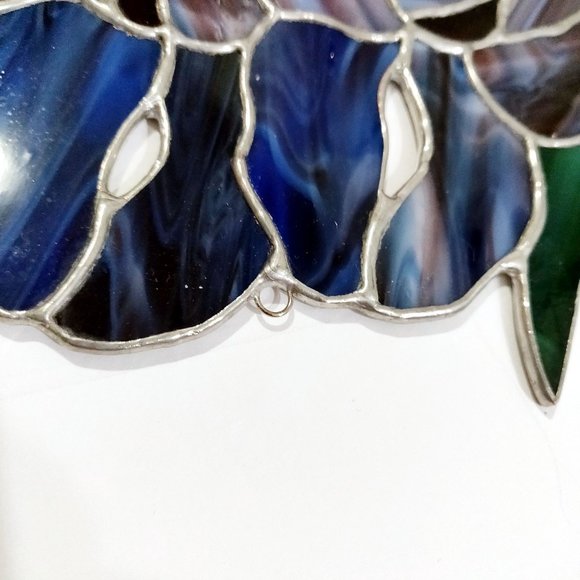 Vintage Stained Glass Sun Catcher Set 2 Hummingbird Iris Blue Violet Purple Hand - Picture 10 of 10